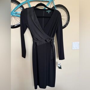 LAUREN Ralph Lauren Black Wrap-Style Long Sleeve Satin-Trim Dress